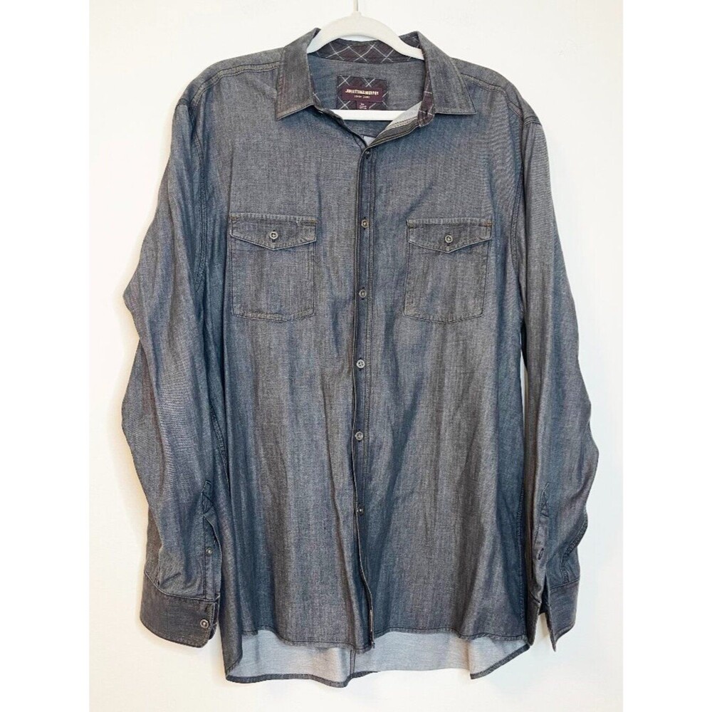 Johnston & Murphy Chambray Button Down Shirt Men's XL Gray Tencel Cotton Casual
